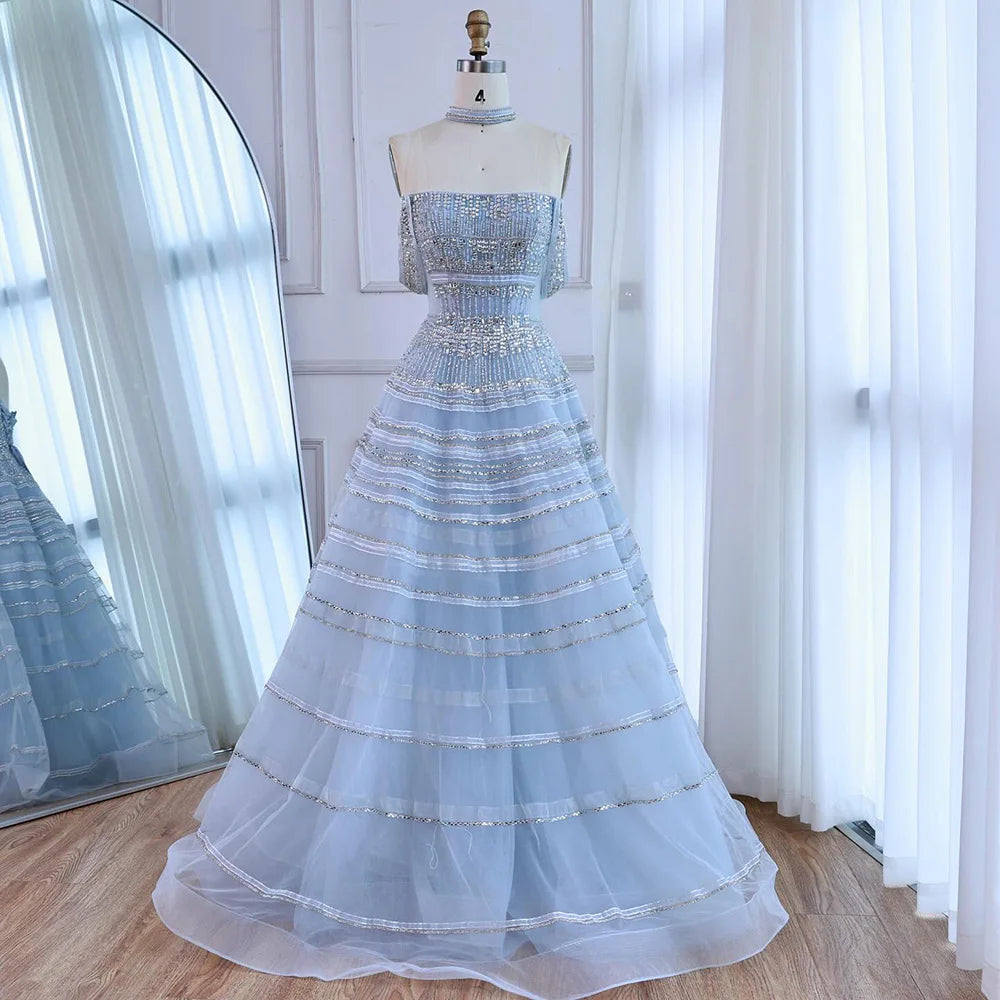 Luxury  Blue Cinderella Off Shoulder A-Line Beaded Evening Dress LA73079 - SERENE HILL
