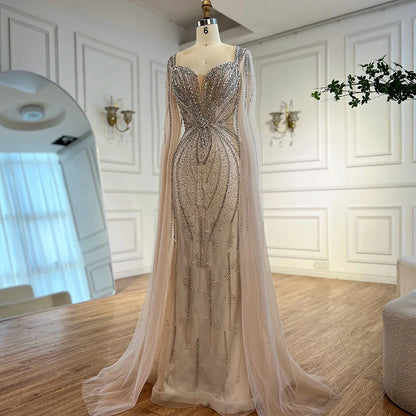 Luxury Designer Beige Beaded Evening Dress with Cape Sleeves LA72992 - SERENE HILL