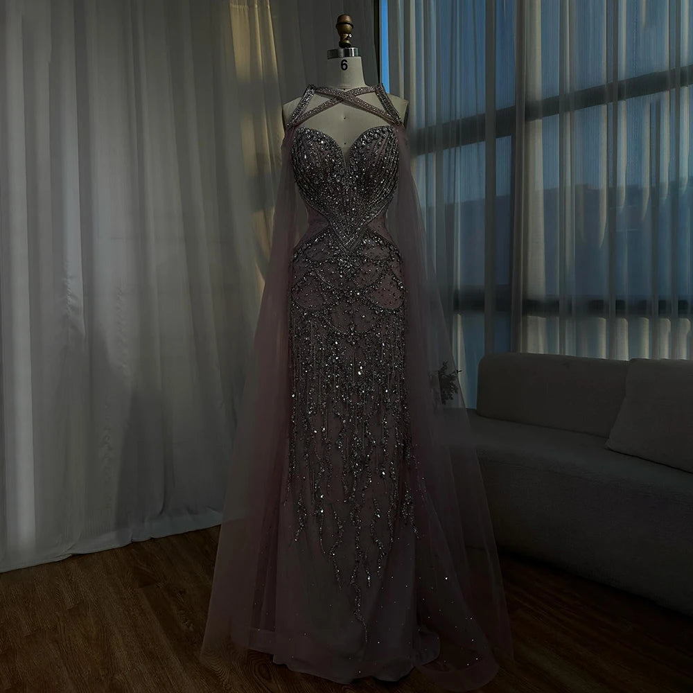 Luxury Nude Cape Sleeves Beaded Crystal Evening Dress LA72806 - SERENE HILL
