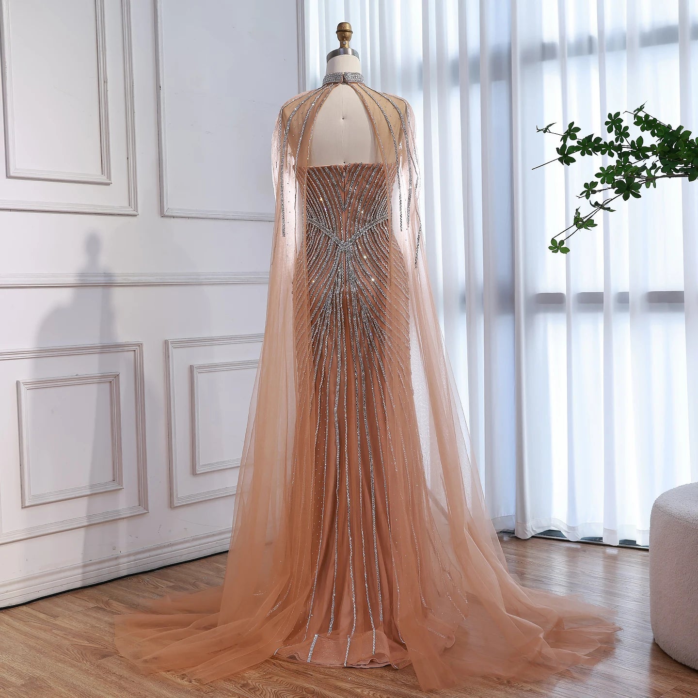 Luxury Nude Mermaid Evening Dress with Cape Sleeves LA73118 - SERENE HILL