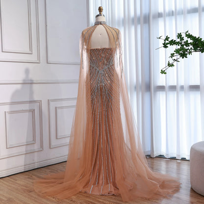 Luxury Nude Mermaid Evening Dress with Cape Sleeves LA73118 - SERENE HILL