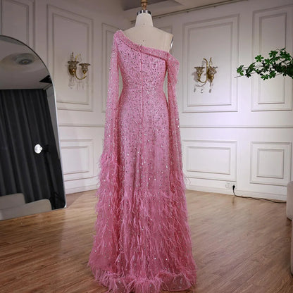 Luxury Feather One Shoulder Evening Dress with Cape Sleeves LA72763 - SERENE HILL