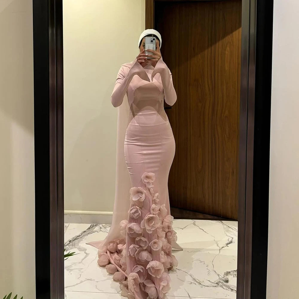 Luxury Pink 3D Flower Evening Dress Long Sleeves LA72954 - SERENE HILL