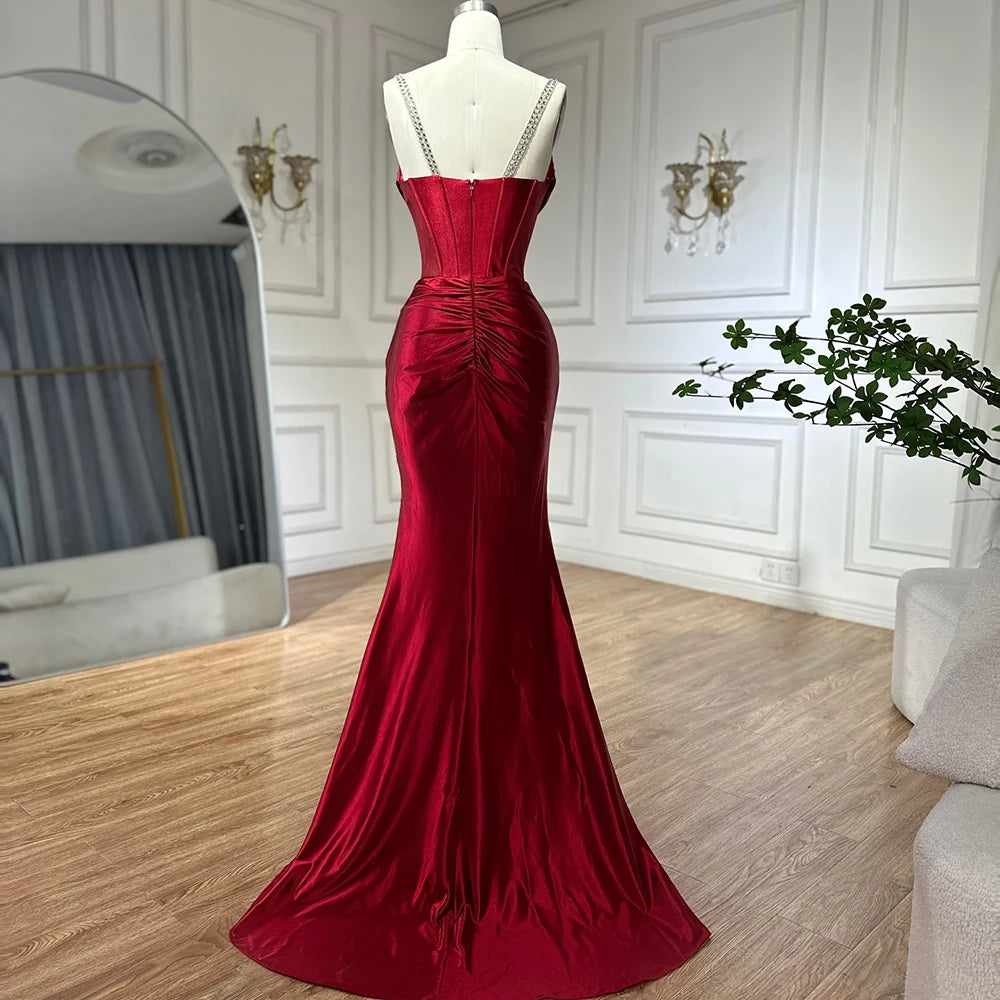 Luxury Dubai Saudi Arabic Spaghetti Strap Wine Red Satin Evening Dress with High Slit for Formal Occasion LA72776 - SERENE HILL