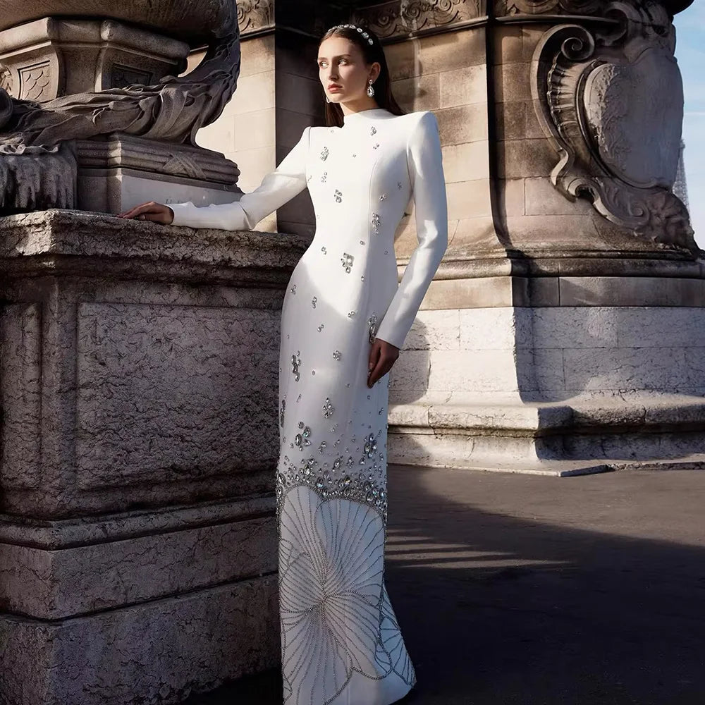 Luxury Crystal White Muslim Evening Dresses Long Sleeves LA72719 White / 2