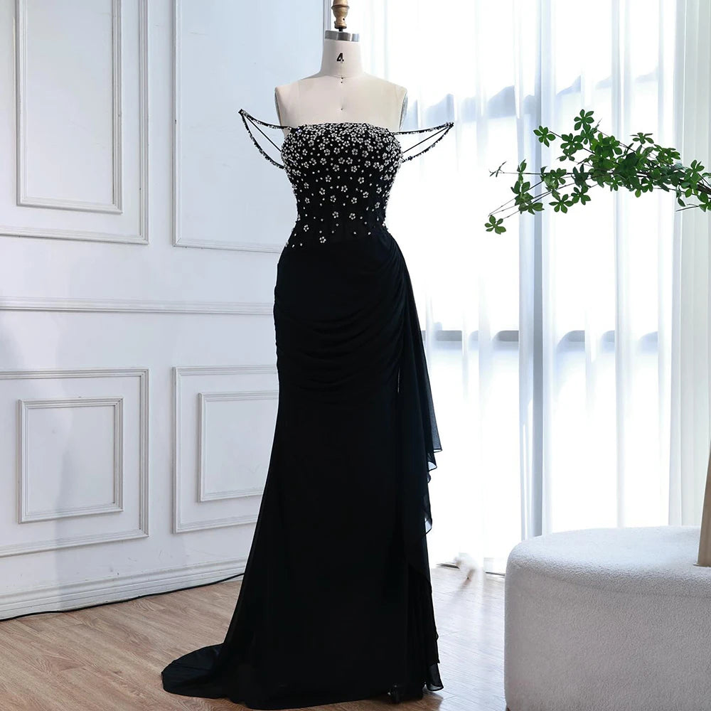 Luxury Black Beaded Mermaid Prom Dress with Spaghetti Straps LA73047 - SERENE HILL
