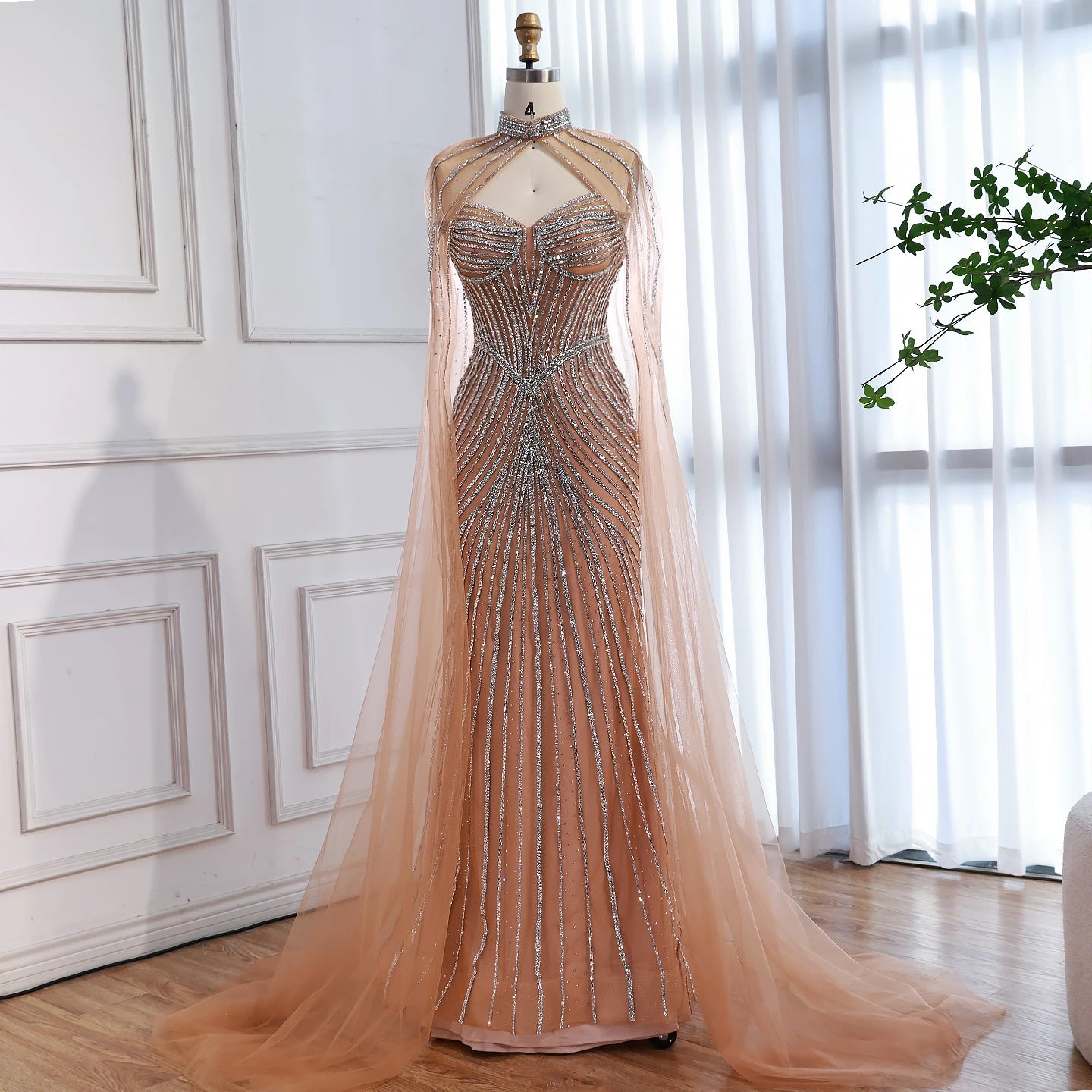 Luxury Nude Mermaid Evening Dress with Cape Sleeves LA73118 - SERENE HILL