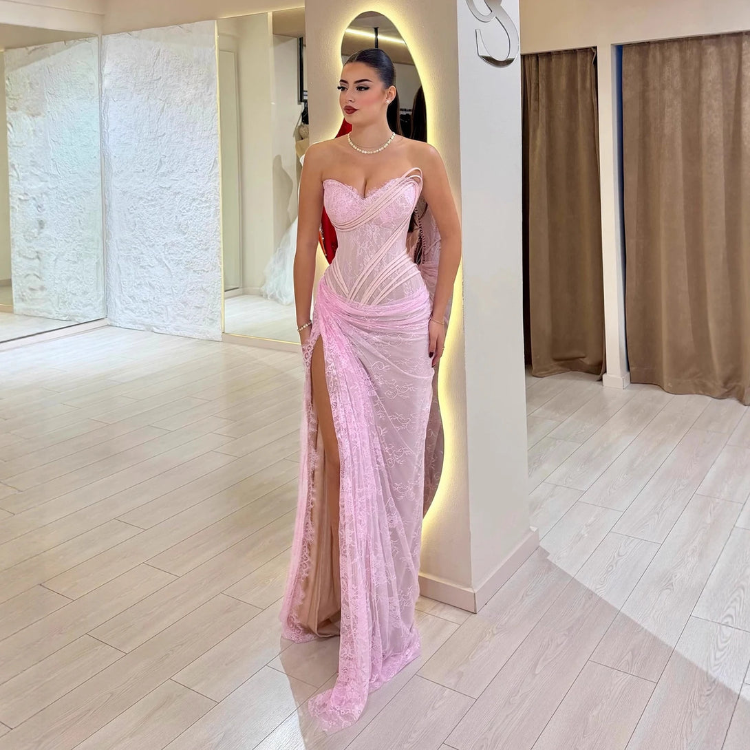 Saudi Rsa Pink Luxury Pink Saudi Arabic Lace Embroidery Evening Dress LA73373 – SERENE ...