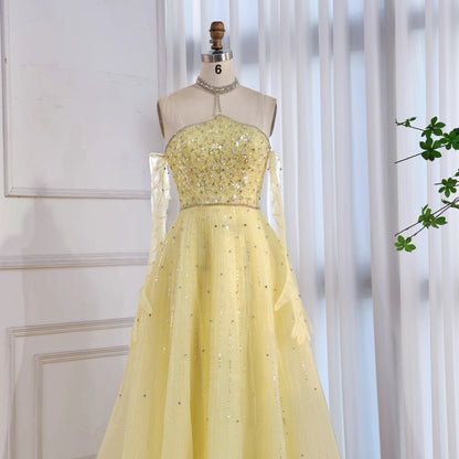 Sparkly Luxury Beaded Yellow Halter Evening Dress Gloves Saudi LA72948 - SERENE HILL