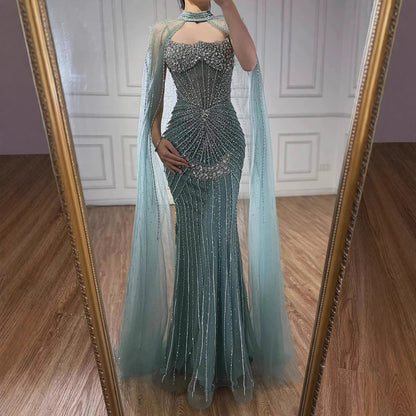 Luxury Turquoise Crystal Beaded Evening Dress with Cape LA73202 - SERENE HILL