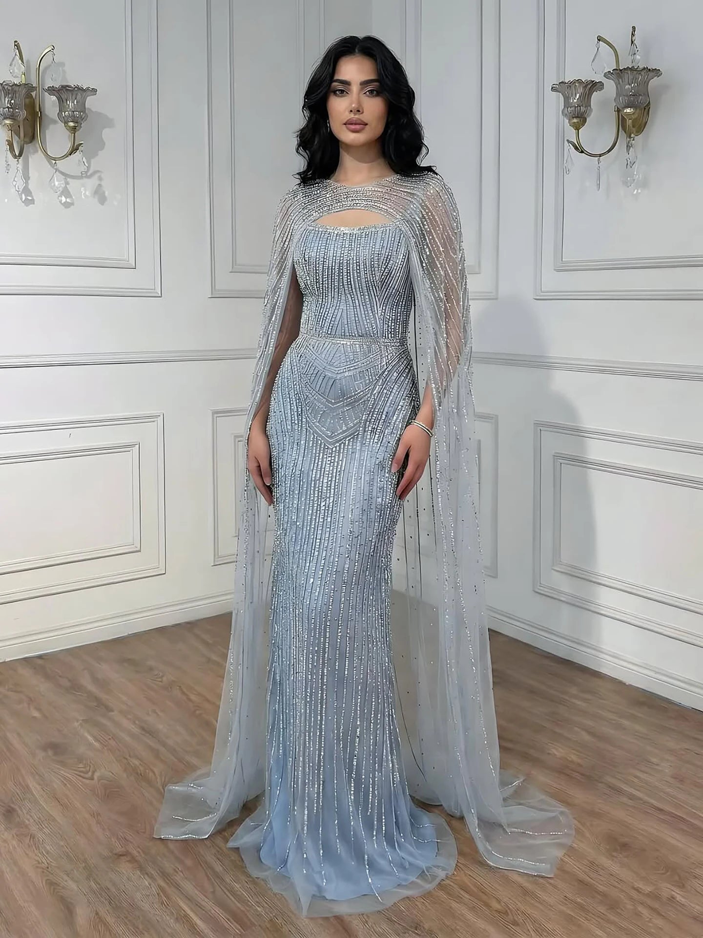 Luxury Blue Diamond Evening Dress With Cape LA73426 - SERENE HILL