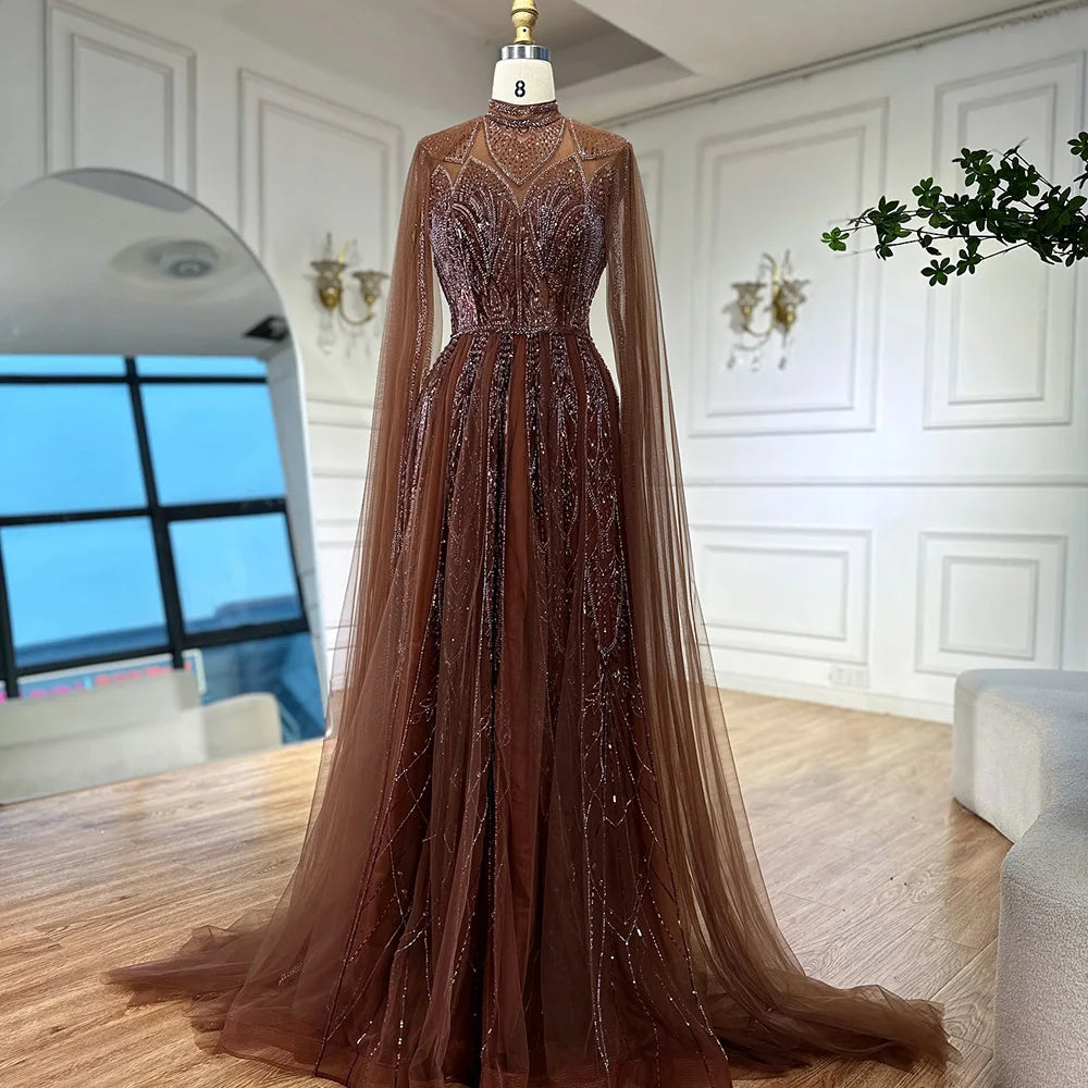 Luxury Brown Beaded Evening Gown with Cape Arabic Style LA72951 - SERENE HILL