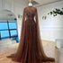 Luxury Brown Beaded Evening Gown with Cape Arabic Style LA72951 - SERENE HILL