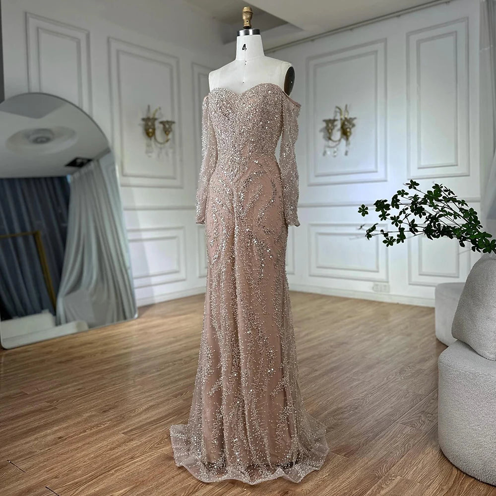 Luxury Beaded Evening Dress Off-Shoulder Long Sleeves Sequins LA72824A - SERENE HILL