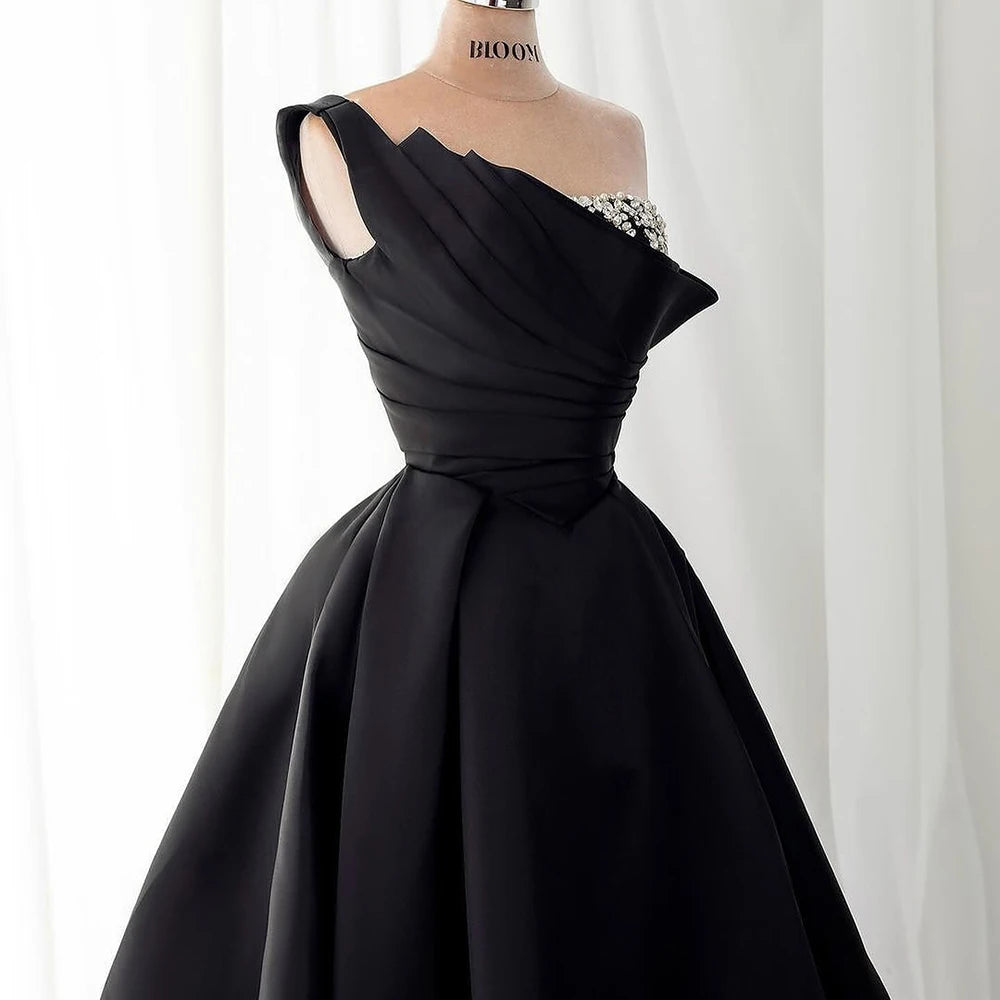 Luxury Black Satin One Shoulder Beaded A-Line Evening Dress LA72741 - SERENE HILL