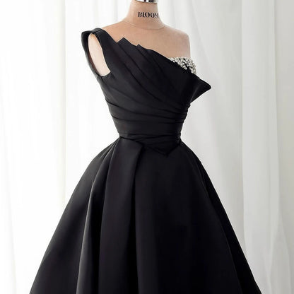 Luxury Black Satin One Shoulder Beaded A-Line Evening Dress LA72741 - SERENE HILL