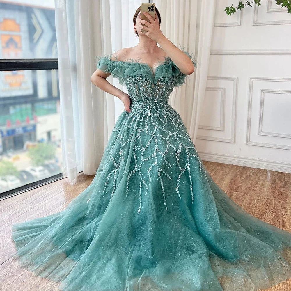 Luxury Turquoise Beaded Feather A Line Evening Dress LA71328 - SERENE HILL