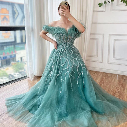 Luxury Turquoise Beaded Feather A Line Evening Dress LA71328 - SERENE HILL