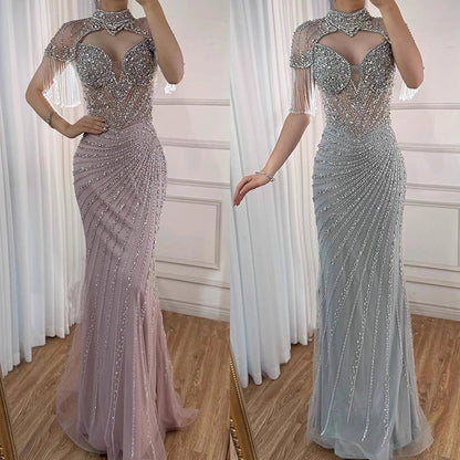 Luxury Pink Beaded Tassel Mermaid Evening Dress Long Gown LA73184 - SERENE HILL