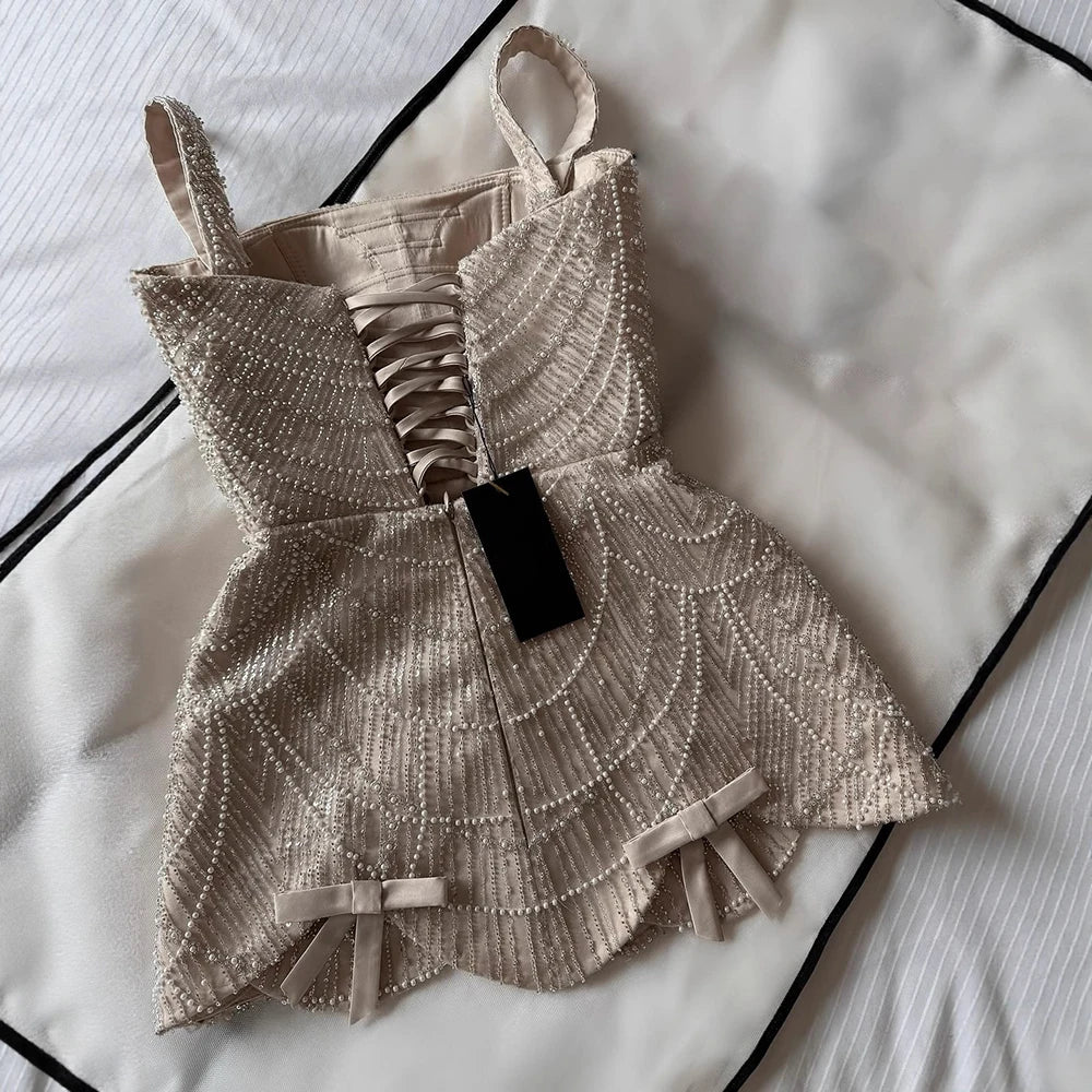 Luxury Nude Pearl Beaded A-Line Mini Evening Dress LA73211 - SERENE HILL