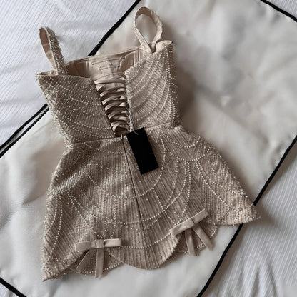 Luxury Nude Pearl Beaded A-Line Mini Evening Dress LA73211 - SERENE HILL