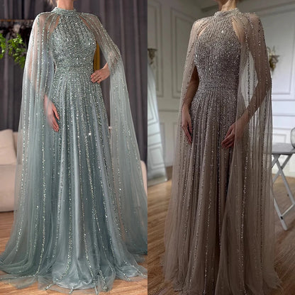 Luxury Caramel A-Line Cape Sleeve Beaded Evening Dress LA72306B - SERENE HILL