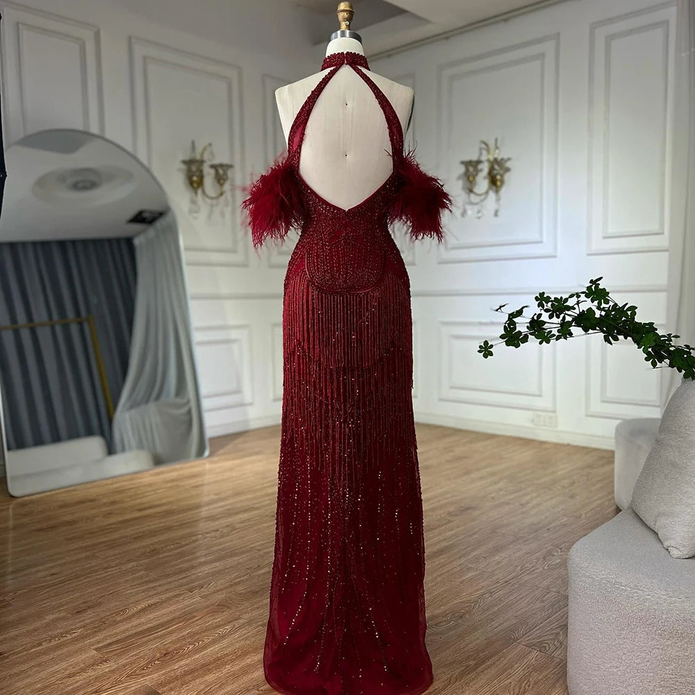 Luxury Silver Nude Mermaid Evening Dress with Beaded Tassel LA72083 - SERENE HILL