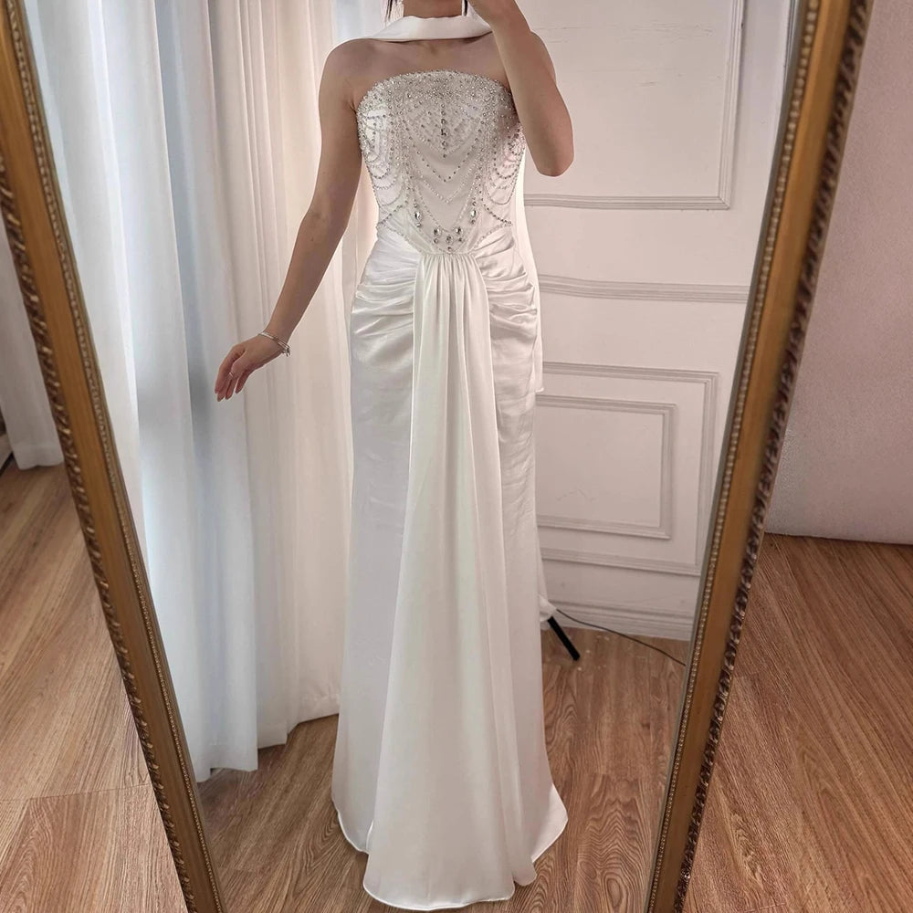White Beaded Evening Dress with Gloves LA73086 - SERENE HILL