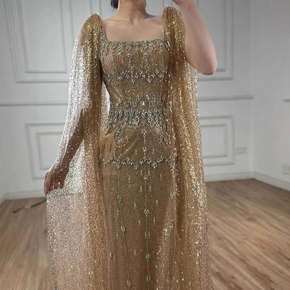 Bling Gray Mermaid Feather Arabic Midi Evening Dress with Cape LA72334 - SERENE HILL