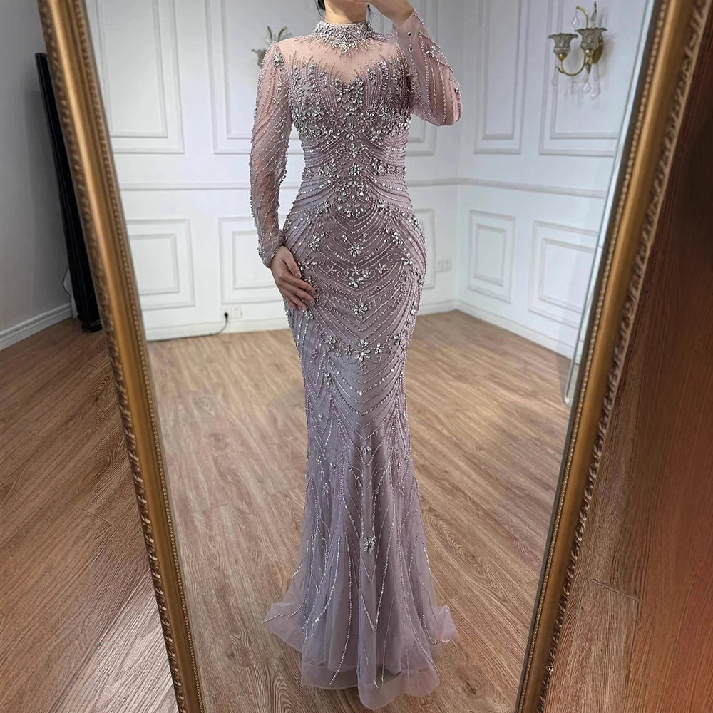 Luxury Pink Beaded Mermaid Evening Dress Long Sleeve LA73158 - SERENE HILL