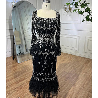 Luxury Black Feathers Midi Evening Dress with Long Sleeve LA71492AM - SERENE HILL