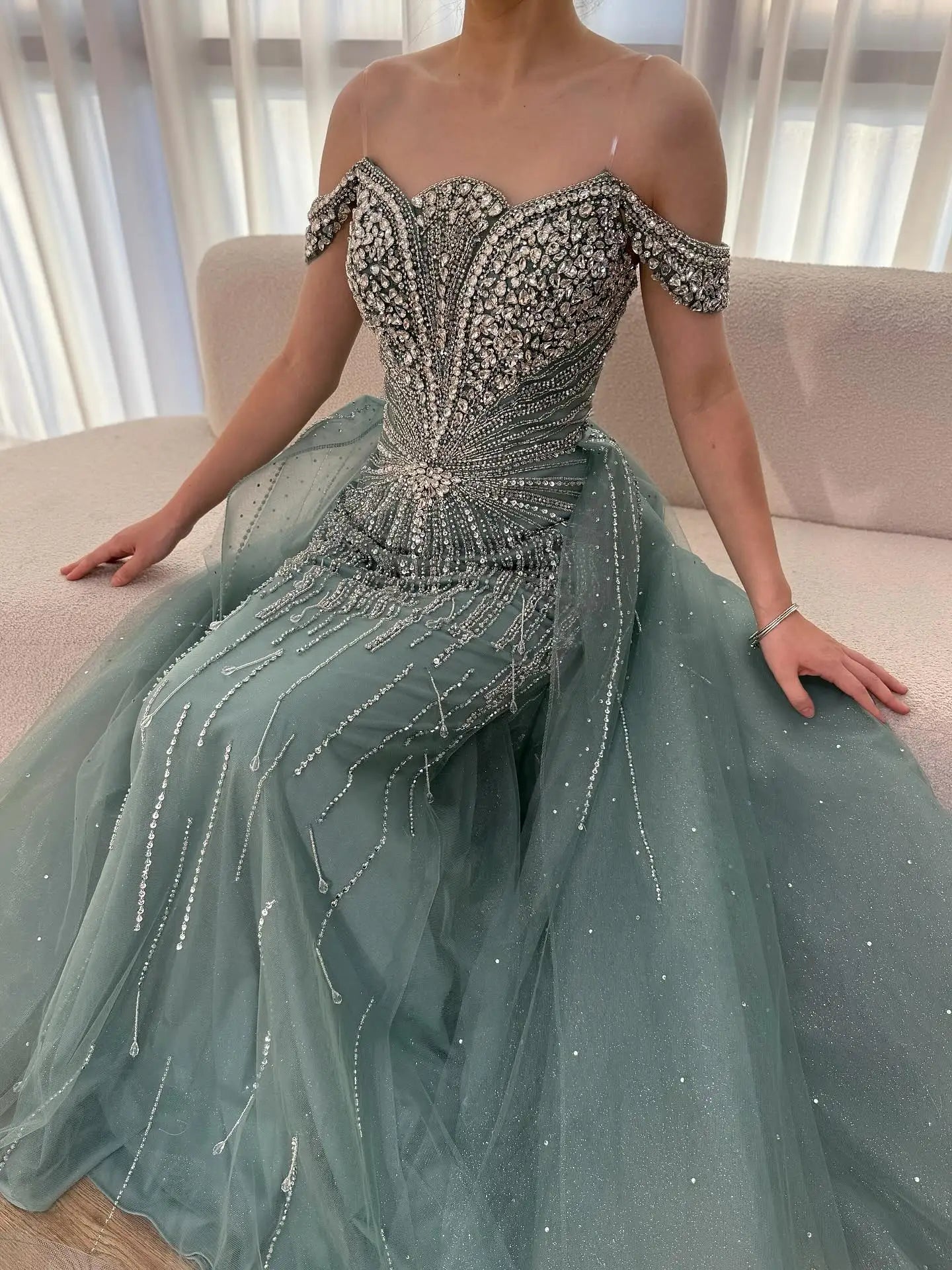 Luxury Beaded Nude Off Shoulder Mermaid Evening Dress LA73392 - SERENE HILL