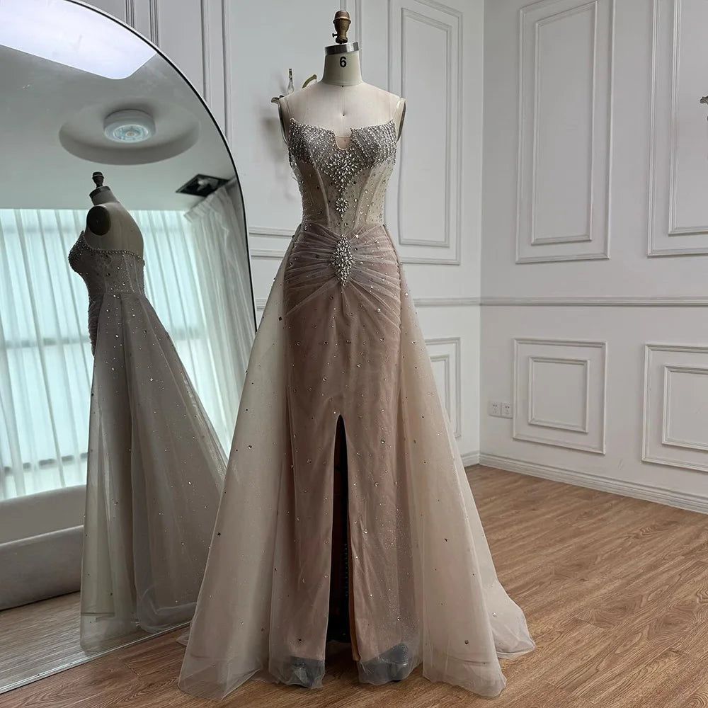 Luxury White Nude Beaded Evening Dress with Overskirt LA73107 - SERENE HILL