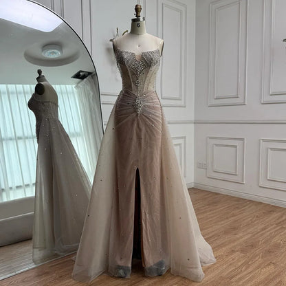 Luxury White Nude Beaded Evening Dress with Overskirt LA73107 - SERENE HILL