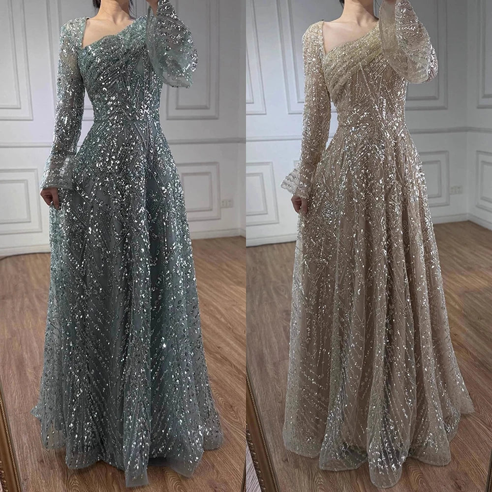 Luxury Turquoise Beaded A-Line Evening Dress with Puffy Sleeves LA73177 - SERENE HILL