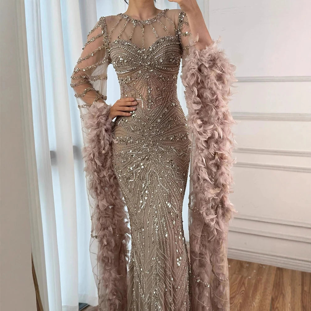 Luxury Modest Pink Feathers Long Cape Sleeves Mermaid Evening Dress LA72708A - SERENE HILL