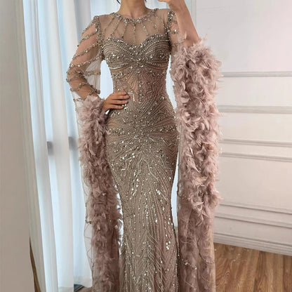 Luxury Modest Pink Feathers Long Cape Sleeves Mermaid Evening Dress LA72708A - SERENE HILL