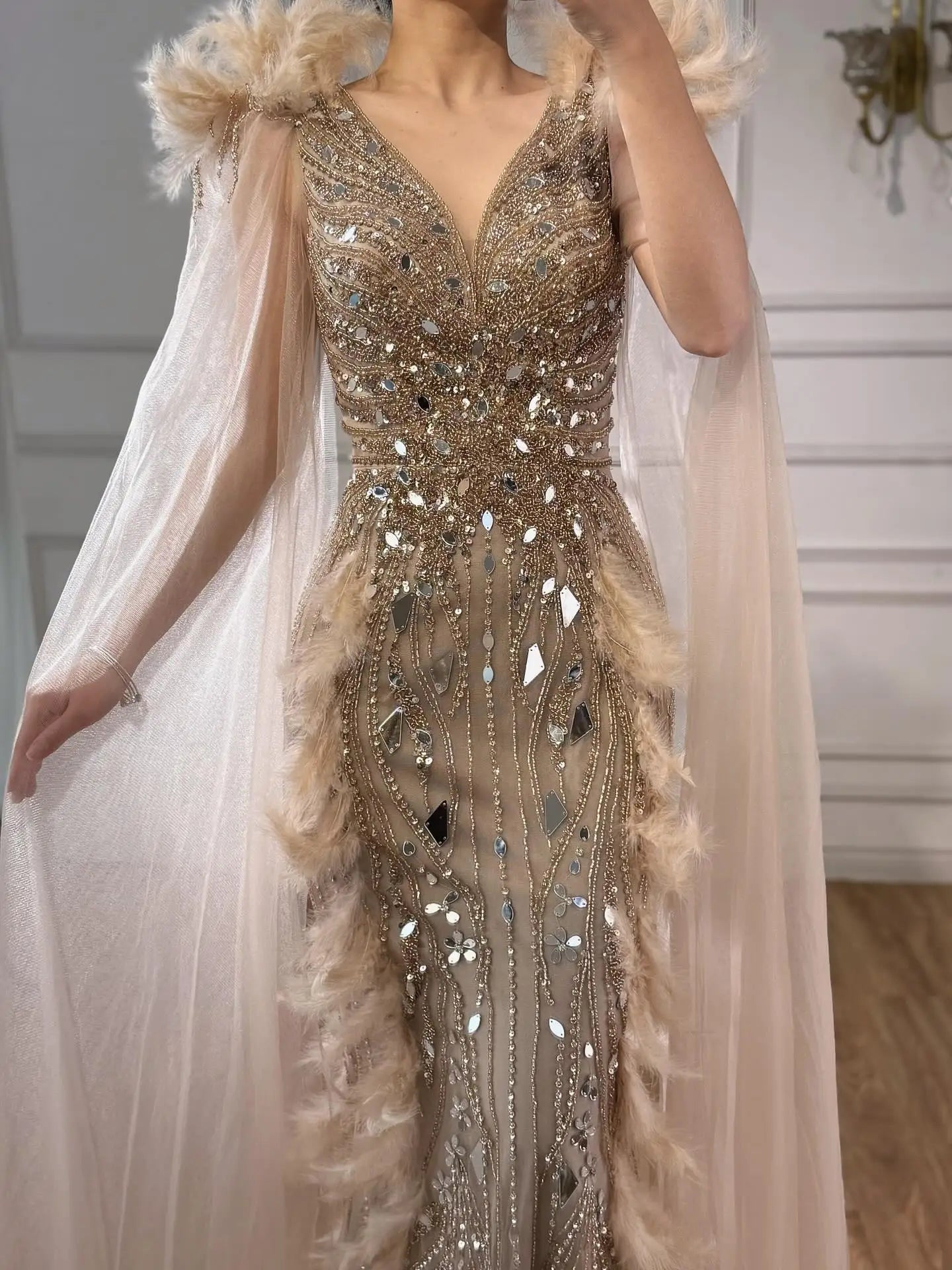 Luxury Caramel Feather Mirror Beaded Mermaid Evening Dress With Cape LA73328 - SERENE HILL