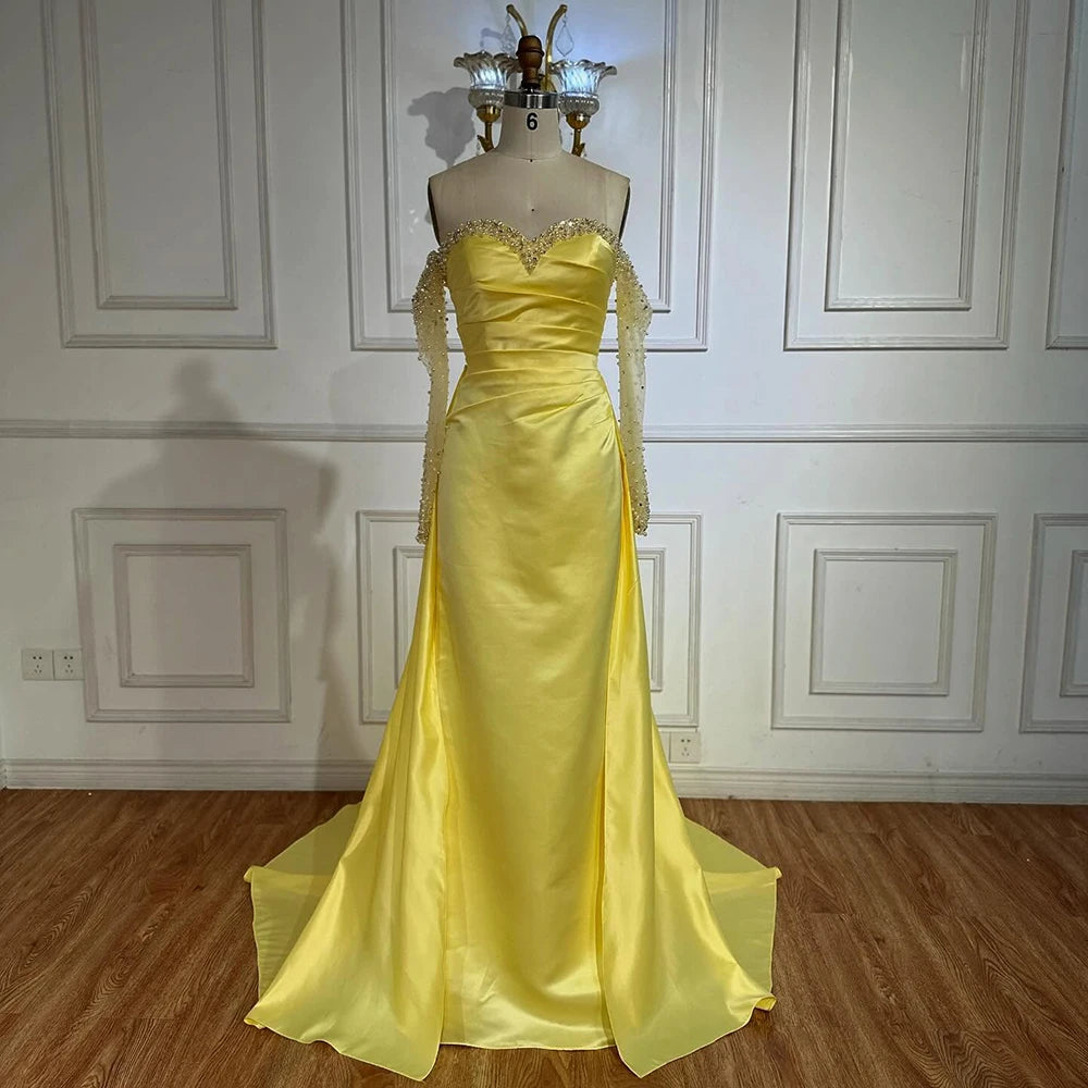 Elegant Yellow Mermaid Beaded Evening Gown with Detachable Sleeves LA72777 - SERENE HILL