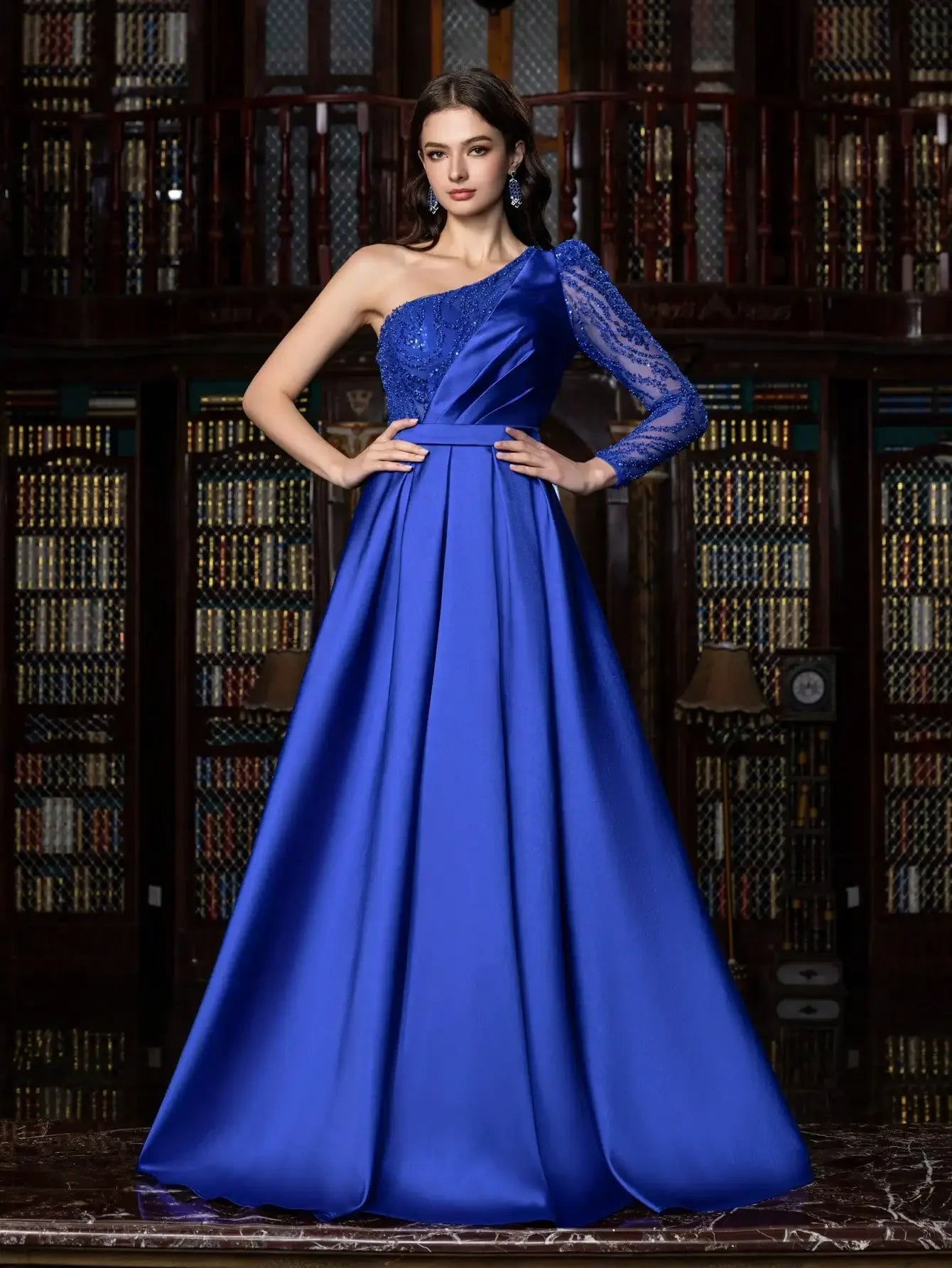 Satin Blue A-Line One-Shoulder Elegant Evening Dress LA73278 - SERENE HILL
