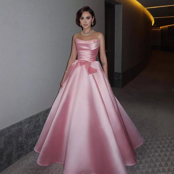 Luxury Pink Satin A-Line Evening Dress with Bow Strapless Gown LA72916
