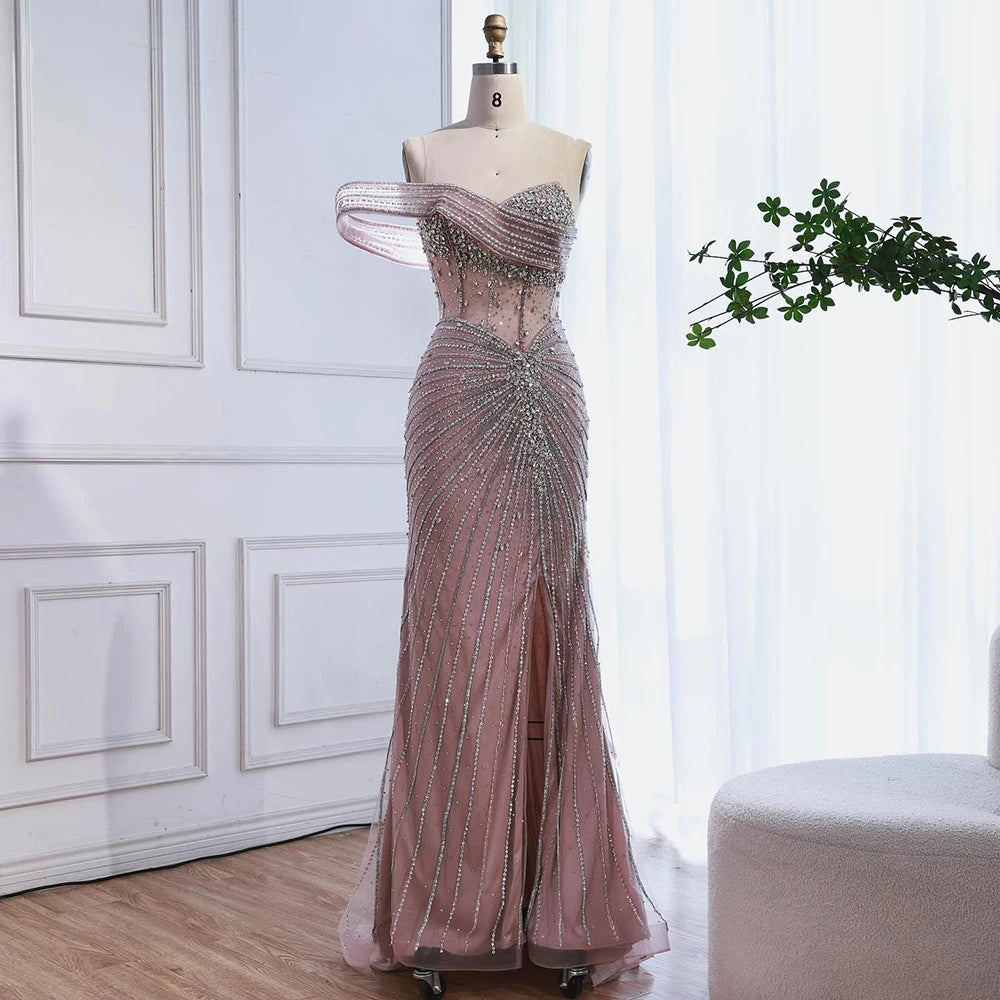 Luxury Pink Crystal One Shoulder Beaded Evening Dress Split LA73197 - SERENE HILL