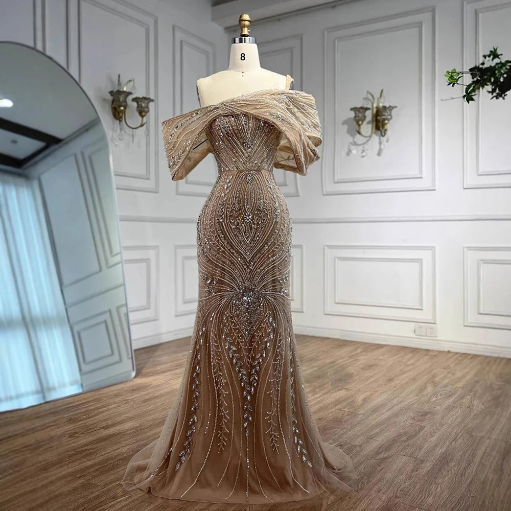 Luxury Silver Nude Off Shoulder Mermaid Evening Dress LA72878 - SERENE HILL