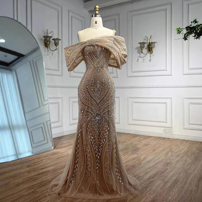 Luxury Silver Nude Off Shoulder Mermaid Evening Dress LA72878 - SERENE HILL