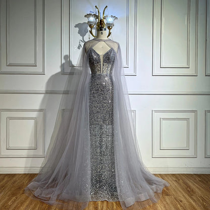 Luxury White Sequin Mermaid Evening Dress with Cape LA72996 - SERENE HILL