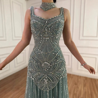 Luxury Turquoise Arabic Mermaid Beaded Evening Dress LA73189B - SERENE HILL