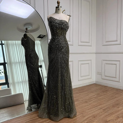Luxury Olive Green Beaded Mermaid Evening Dress with Detachable Overskirt LA73164A - SERENE HILL