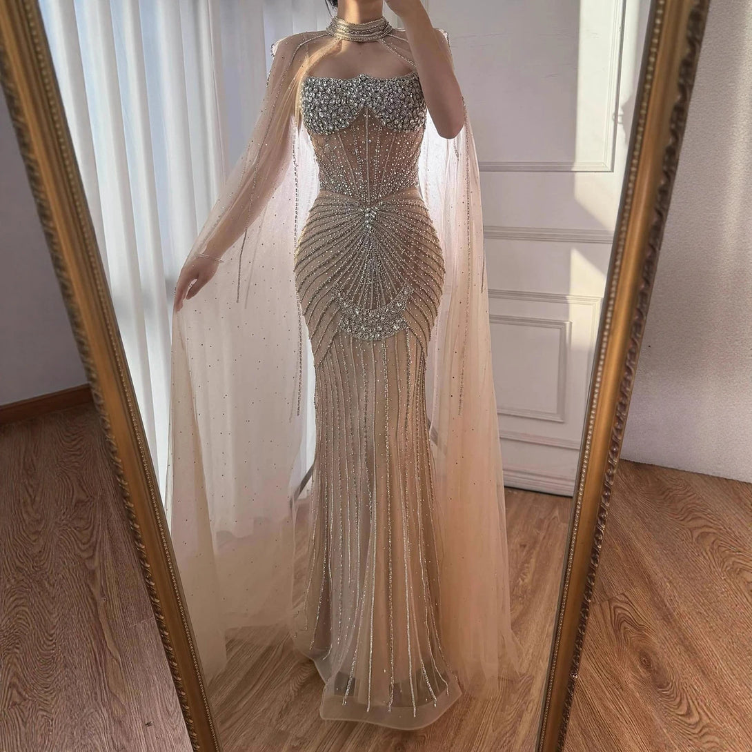 Luxury Turquoise Crystal Beaded Evening Dress with Cape LA73202 Turquoise / 8