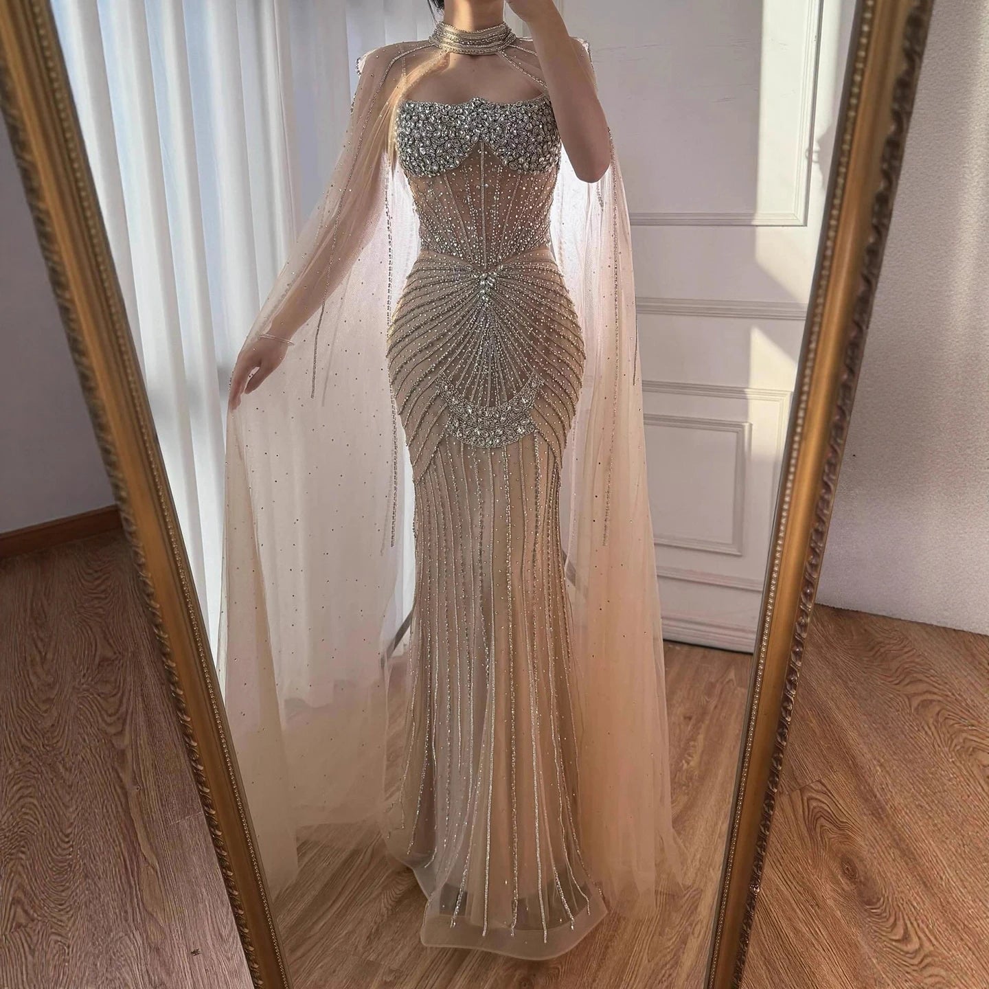 Luxury Turquoise Crystal Beaded Evening Dress with Cape LA73202 - SERENE HILL