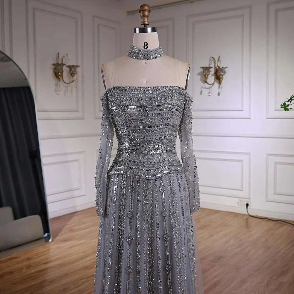 Luxury Caramel Off Shoulder Beaded Mermaid Evening Dress Long Sleeves LA73053 - SERENE HILL